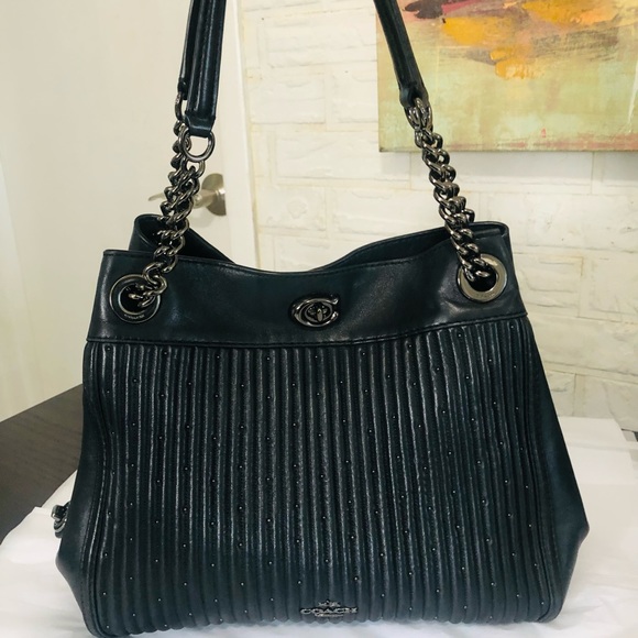 Coach Handbags - Coach Edie Quilted Black Leather Studded Turnlock Chain Straps Shoulder Bag❤️
